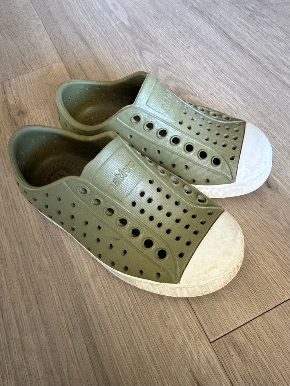 Native Shoes Kids Olive Green Slip-On Water Sneakers with White Toe Cap